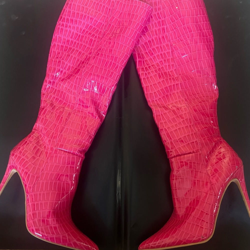 Pink Croc-Embossed Knee-High Boots